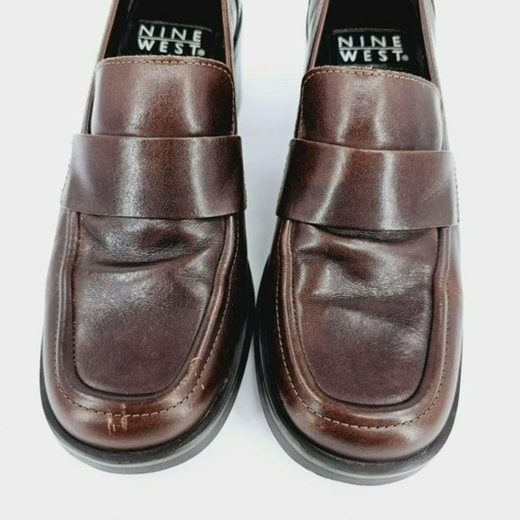 Nine West Franke2 90s Chunky Penny Loafers 6.5 M Chocolate Brown Leather Stacked - Picture 5 of 13